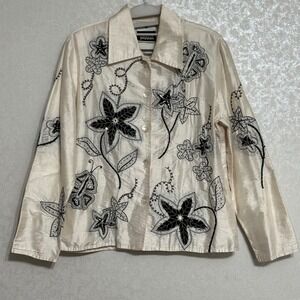 Yak Magik VTG Floral Butterfly Embroidered Beaded 100% Silk Button Up Cream M